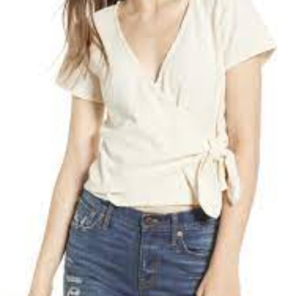MADEWELL Texture and Thread Surplice Wrap Tie Top Cream Medium - Picture 2 of 11